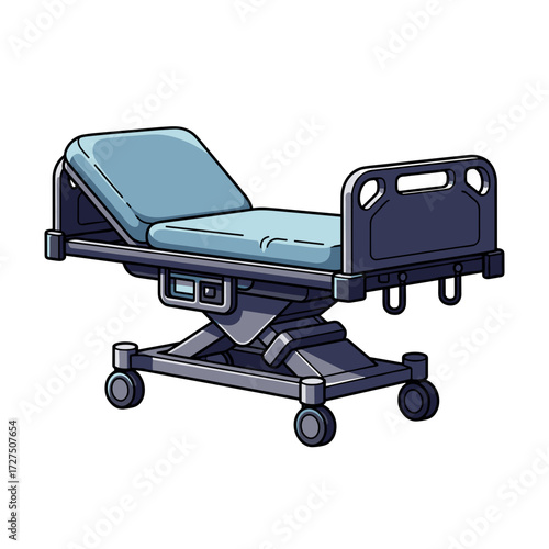 Illustrated medical gurney with adjustable headrest blue padded mattress and dark gray frame.