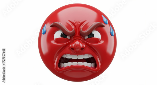 A vividly red emoji face showing extreme anger with furrowed brows and visible sweat drops on its head