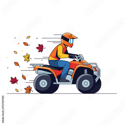 Rider in a helmet driving an orange quad bike speeding through falling autumn leaves.