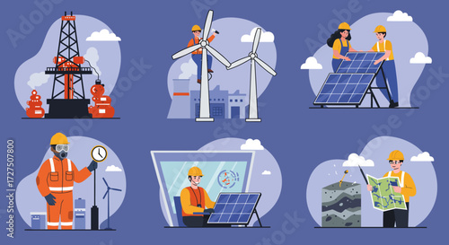 Six vignettes depict energy industry activities drilling wind maintenance solar installation safety monitoring control room operation and geology mapping