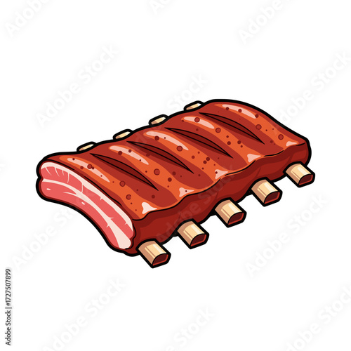 Grilled BBQ pork ribs vector illustration reddishbrown shiny glaze visible bones grill marks.