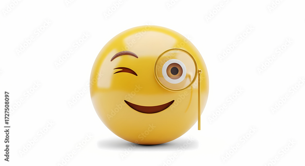 Fototapeta premium A yellow emoji with a winking eye and a monocle on a white background in a close up studio shot