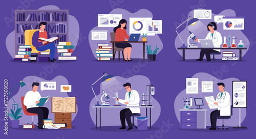 Six vignettes depicting people reading working on computers and conducting laboratory research