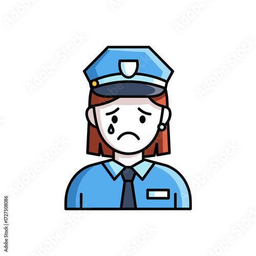 Crying female police officer avatar icon in blue uniform and cap expressing sadness.