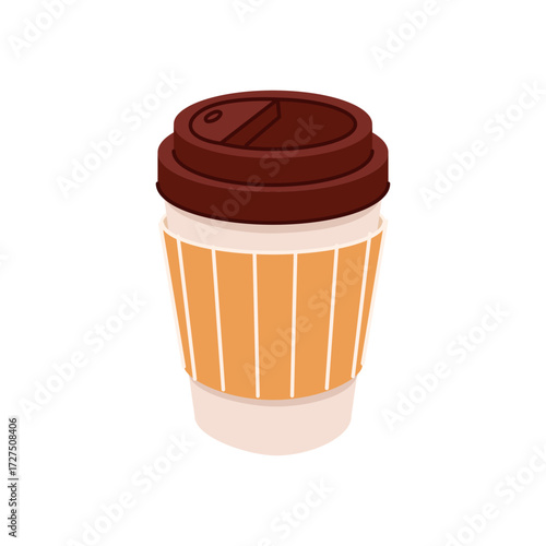 Flat cartoon illustration of a to go coffee cup with a brown lid and orange sleeve ideal for cafe menus, food packaging, web design and morning routine visuals