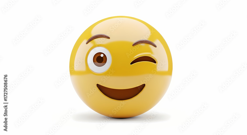 Fototapeta premium A winking yellow emoji with a happy expression isolated on a white background in a studio shot look
