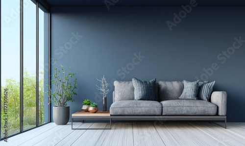 A contemporary living room featuring a neutral gray sofa, accented by textured blue patterned cushions, against a deep navy blue wall.