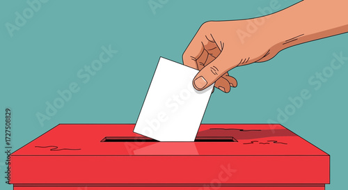 A persons hand places a blank ballot into a red ballot box during an election