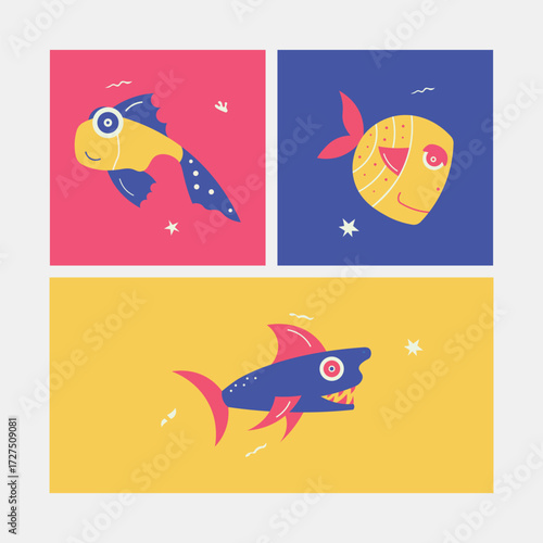 Creative set of hand-drawn cute cartoon fish, funny flat vector elements for kids