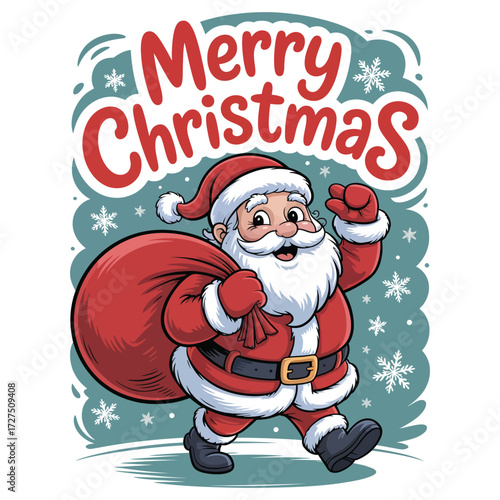 Cartoon Santa Claus carrying a big gift sack on shoulder vector illustration isolated