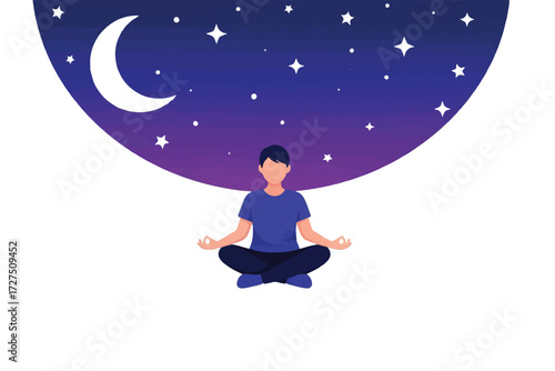 A person meditating in a lotus position under a starry night sky with a crescent moon.