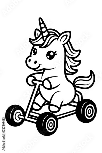 Unicorn Riding Go-Kart Cartoon Vector – Black and White