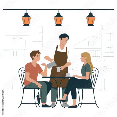 Friendly waiter serving food to a couple sitting at a table in a cozy cafe with hanging lanterns above