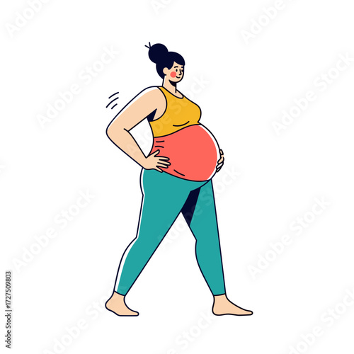 Walking Pregnant Woman in Activewear Vector Illustration Side View.