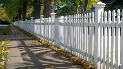 Peaceful autumn scene with white picket fence casting long shadows on sidewalk, fallen leaves, and lush trees, perfect for home decor or lifestyle projects