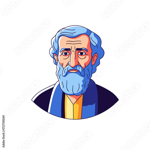 Stylized bust of a wise elderly man with a long flowing blue beard and hair.