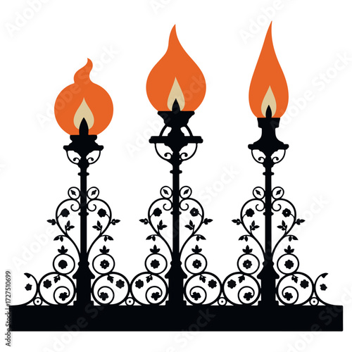 Three ornate black wrought iron torch sconces with flickering orange flames against a white background