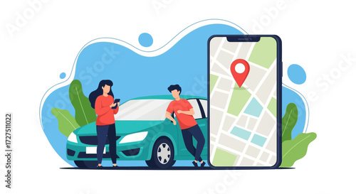 A man and a woman stand near a car, both looking at their phones, with a large smartphone displaying a navigation map and a location pin