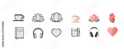 Collection of flat vector icons depicting self-care elements: coffee, lotus, book, headphones, and heart.