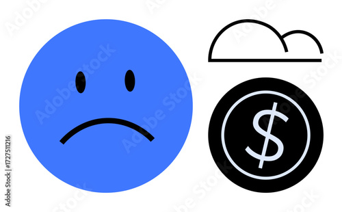 Blue sad face and black dollar coin below a simple cloud outline. Ideal for finance, stress, uncertainty, emotions, risk, economy, mood concepts. Simple flat metaphor