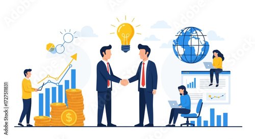 Businessmen shake hands in front of a growing financial graph and stacks of coins, symbolizing a successful deal and global collaboration with a bright idea illuminated above