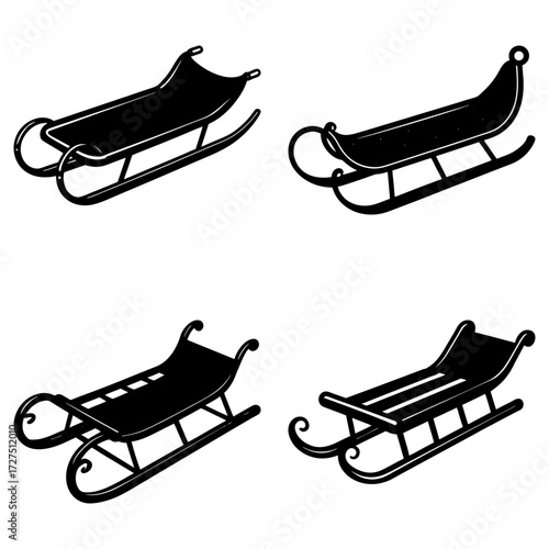 Four black and white illustrations of different styles of sleds on a white background in a square format