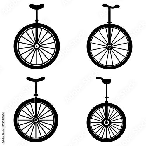 Four unicycles displayed in a grid pattern with a minimalist black and white design aesthetic showing wheels 100