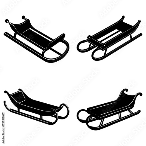 Four black and white graphic illustrations of different styles of sleds arranged in a square format