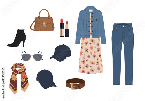 Set of fashionable womens clothing and accessories isolated.