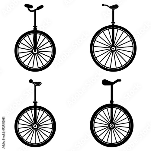 Four unicycles with different seat and handlebar styles arranged on a white background in a grid pattern