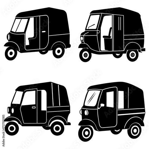 Four auto rickshaws in black silhouette showing different designs and orientations on a white background