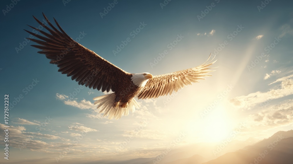 Fototapeta premium Majestic Eagle Soaring Through Sky at Sunrise in Golden Light