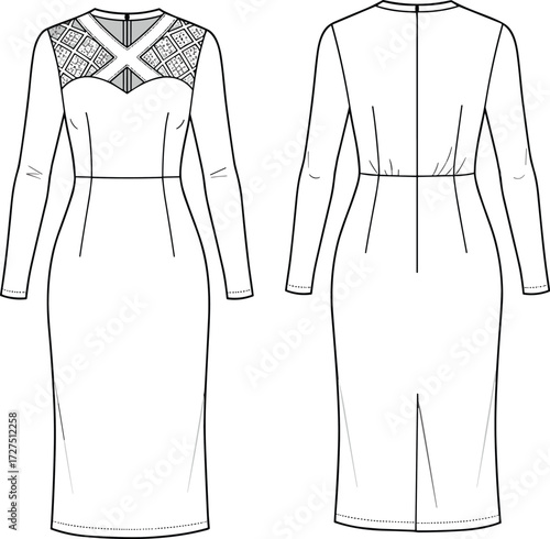 Elegant long sleeve bodycon dress, fashion CAD sketch, lace panel detail, technical flat illustration, front back vector drawing