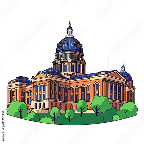 Stylized Illustration of a State Capitol Building with a Blue Dome.