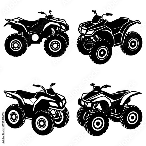 Four black atv illustrations in various styles showcasing off road vehicles and recreational transport designs