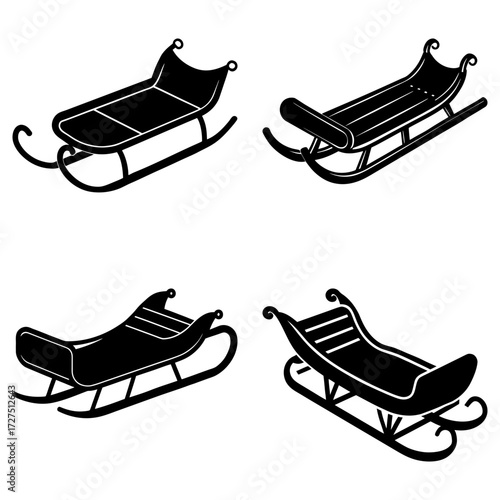 Four black and white sled illustrations with different designs and curved runners on a white background