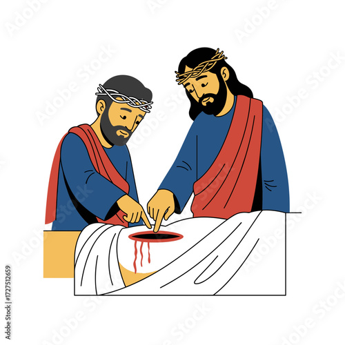 Jesus and Disciples Examining a Wound Religious Illustration.