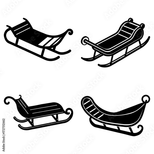 A collection of four different styles of black and white sleds arranged on a white background design