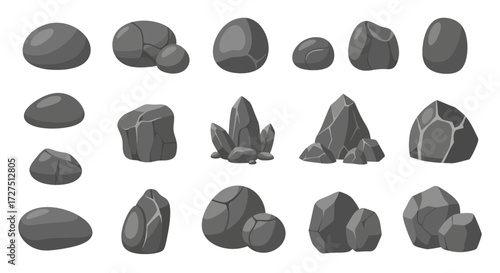 A diverse collection of gray rocks and stones, varying in size and shape, are artistically arranged on a clean white background, showcasing their natural textures and geological forms