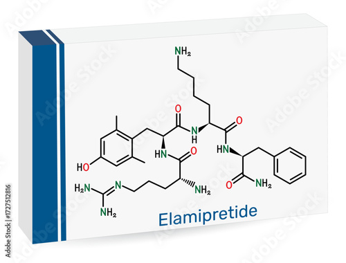 Elamipretide molecule. Mitochondria-targeted tetrapeptide studied for treatment of Leber's hereditary optic neuropathy and Barth syndrome. Paper packaging for drugs. Vector illustration