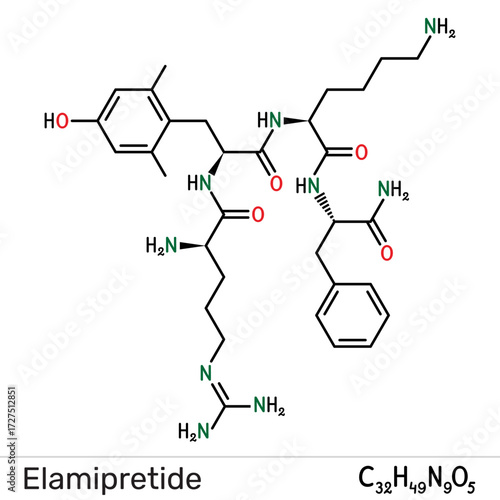 Elamipretide molecule. Mitochondria-targeted tetrapeptide studied for treatment of Leber's hereditary optic neuropathy and Barth syndrome