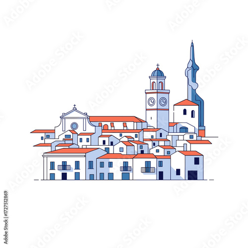 Stylized European Townscape Illustration with Church Clock Tower and Buildings.