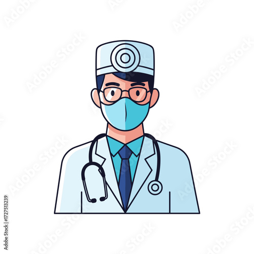 Professional male doctor avatar in uniform with face mask glasses and head mirror.