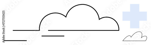 Large cloud with sleek motion lines, smaller cloud, and medical cross. Ideal for healthcare, data storage, technology, telemedicine, wellness modern design sustainability. Simple flat metaphor