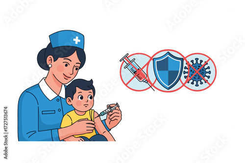 A nurse administers a vaccine to a young child, with a graphic representing protection against viruses in the background.