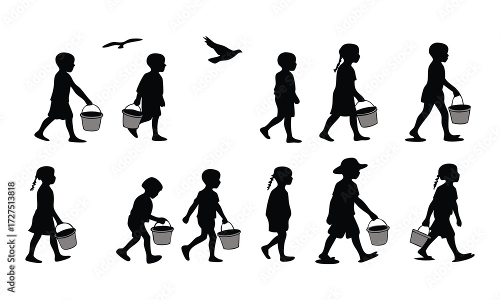 Obraz premium Silhouettes of children walking with buckets and birds flying overhead representing childhood summer and outdoor activities on a white background