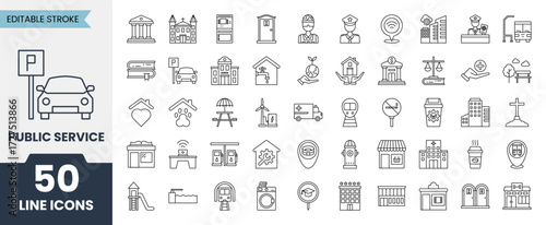 Public Service line icons set. Containing bank, governance, cathedrals, public toilet, hospital, stadion, police, wifi, parking park, no smoke and more. Editable stroke. Vector illustration