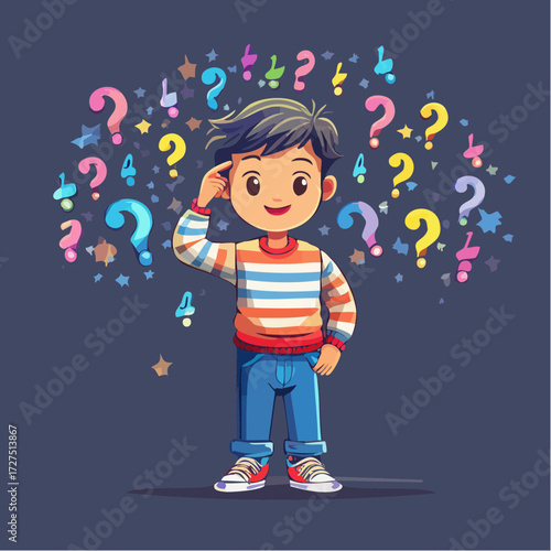 A curious cartoon boy thinking, surrounded by a cloud of colorful floating question marks.