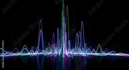 Abstract futuristic background with glowing neon sound waves and audio frequencies reflecting on a dark surface