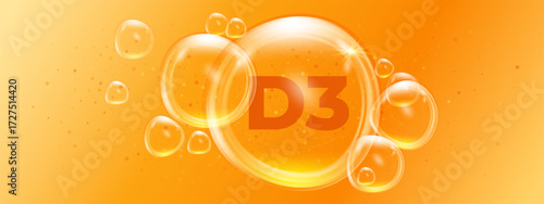 Vitamin D3 background icon with oil vector drop bubble and nutrition cosmetic orange. Yellow water sphere capsule for medical supplement health design.